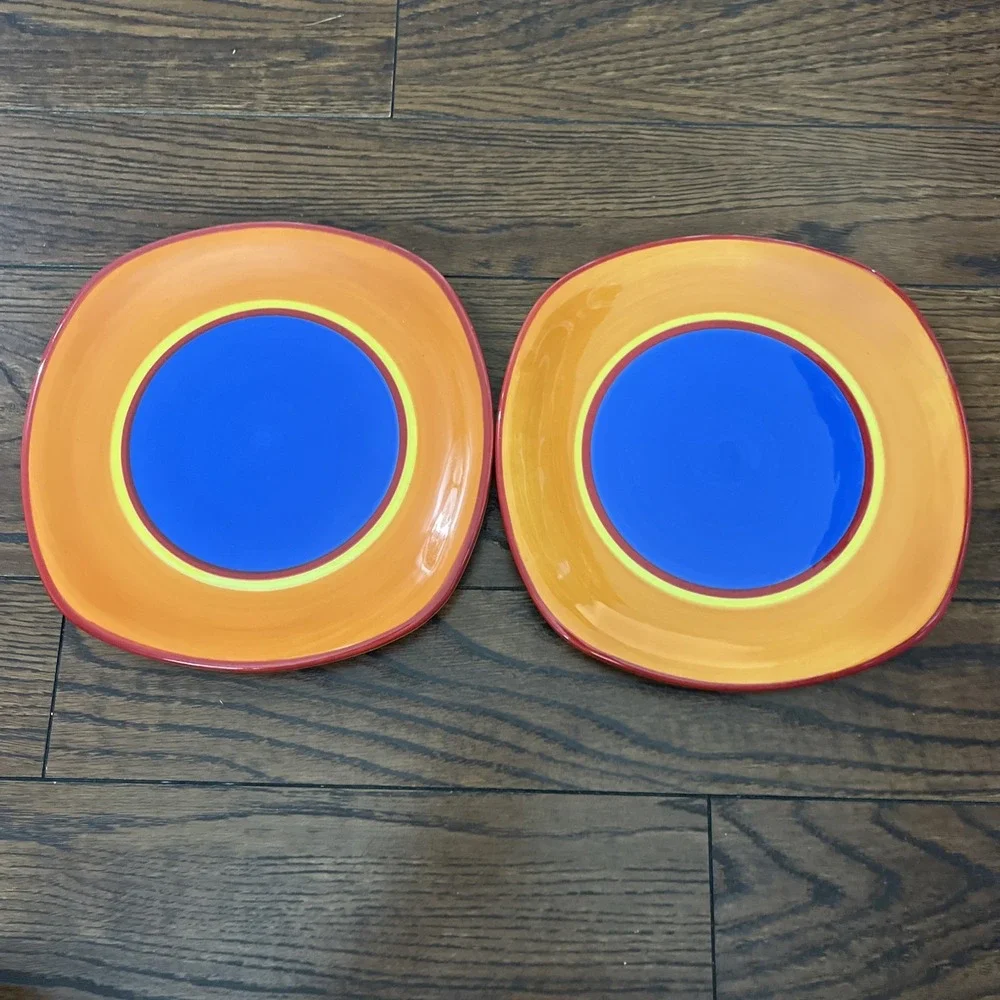 2 Dansk Caribe Aruba Square Salad Plates Orange Blue Yellow Red Hand Painted